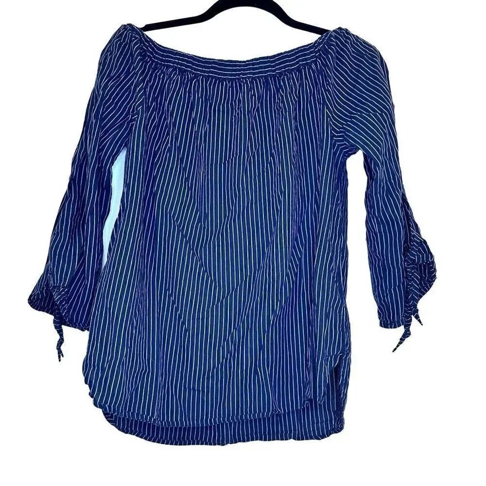 BeachLunchLounge Striped 3/4 Tie Sleeve Off The Shoulder Blouse Top Blue Medium